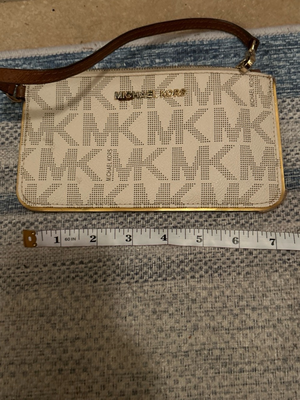 Michael Kors Cream MK Logo Wristlet with Brown Strap and Gold Hardware
